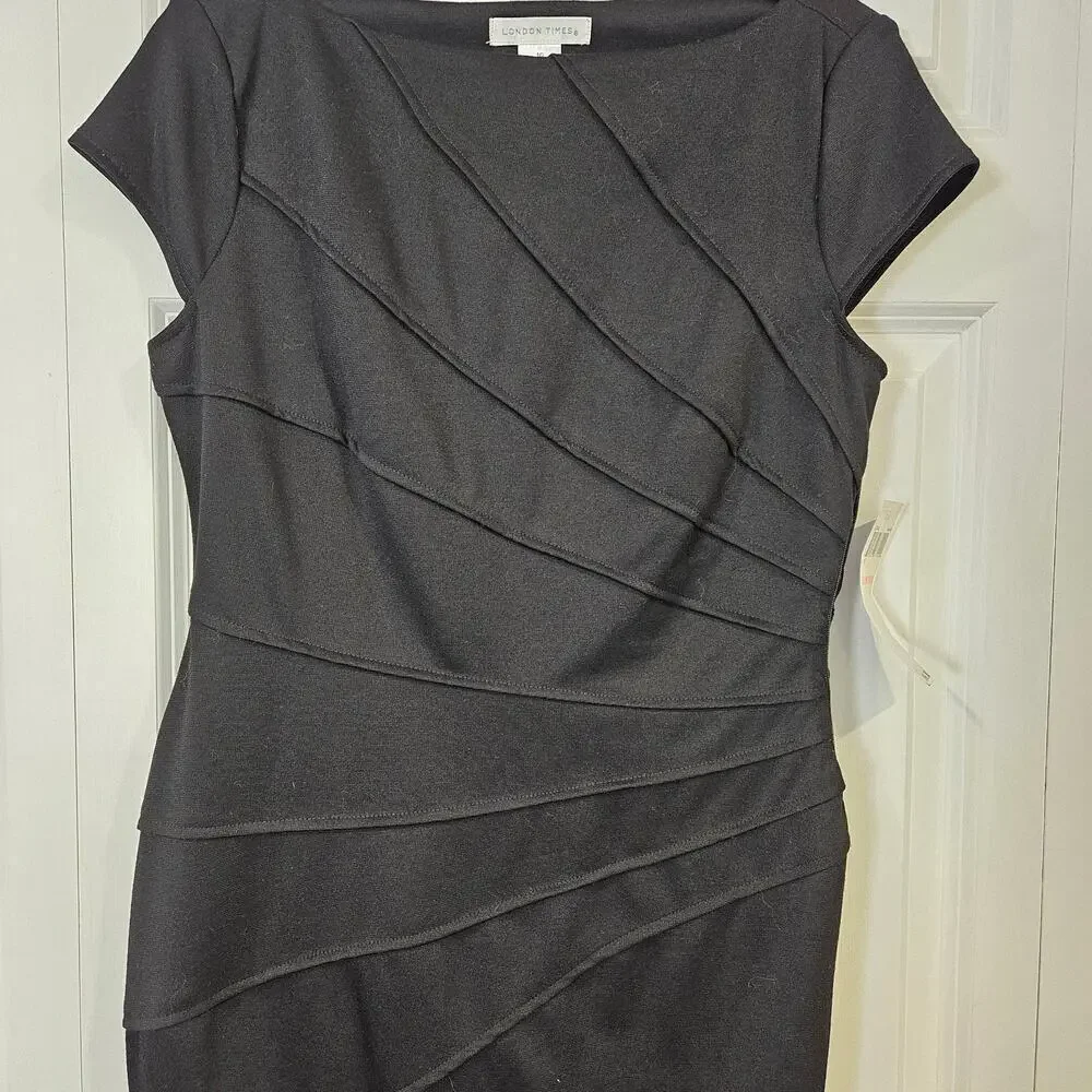 London Times NWT Black Cap Sleeve Knee Length Dress Size 10 - Picture 3 of 10